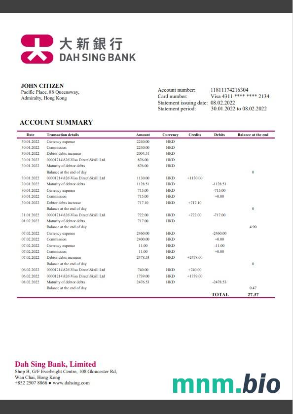 Szablon wyciągu bankowego w Hongkongu Citibank proof of address w formacie Word i PDF